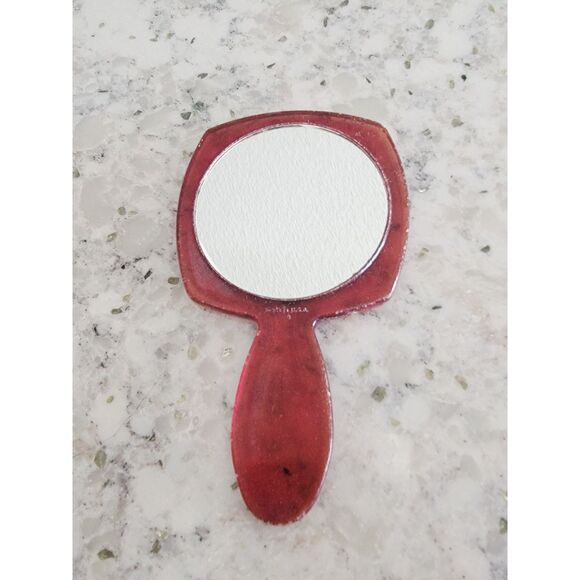 Vintage Art Deco Celluloid Boudoir Hand Mirror Filigree Circle Red Gold USA - Picture 2 of 5